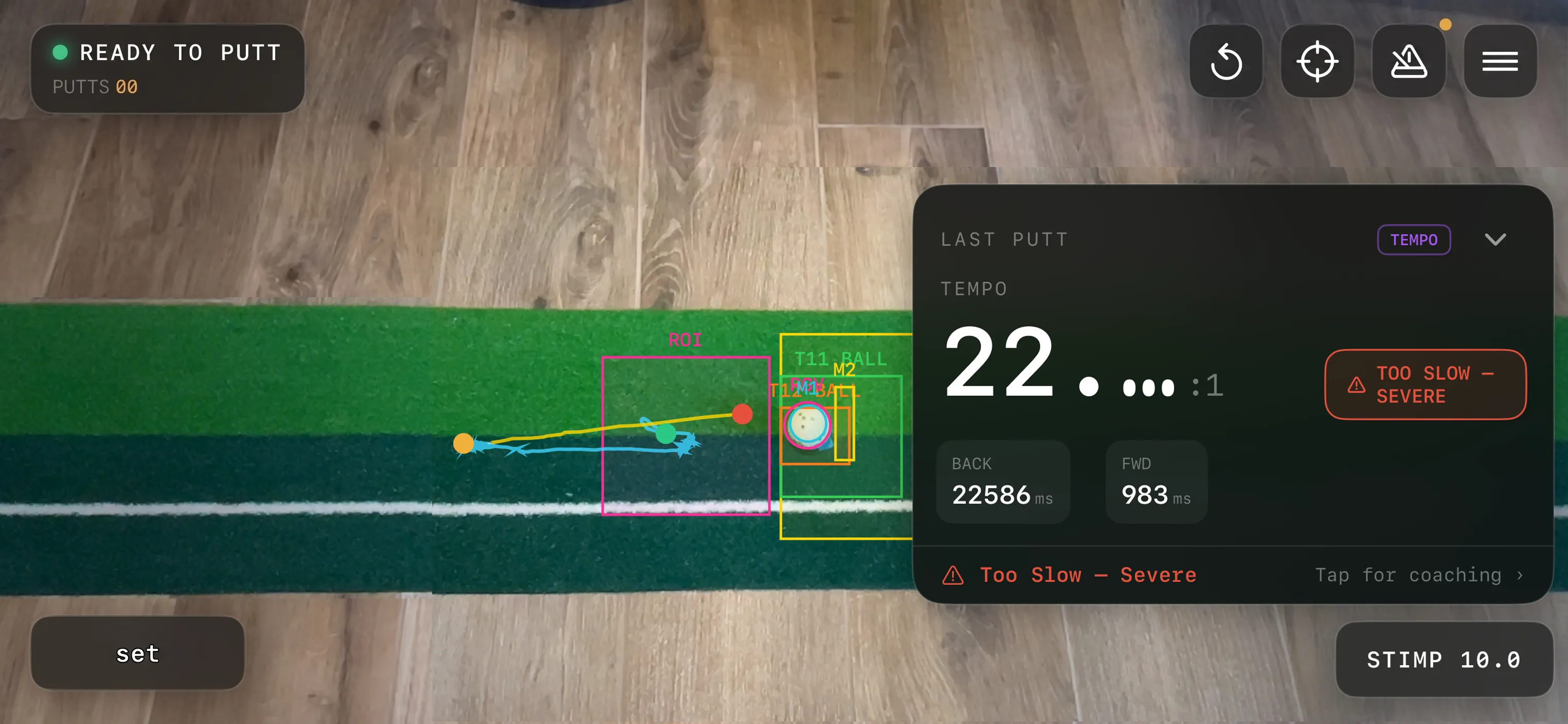 Result card showing tempo ratio, backswing and forward-swing timing
